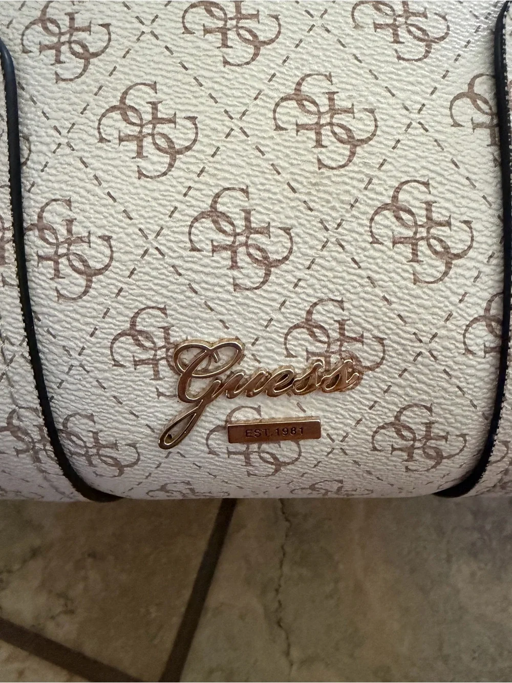 GUESS Cream and Brown Logo-Print Tote